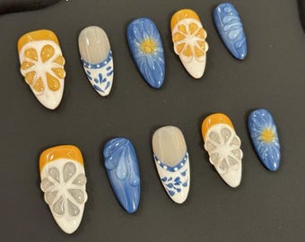 Lemon Citrus Press On Nails – Blue & White Almond Nails, Mediterranean Summer Nail Set -gifted