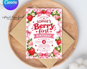 Berry First Birthday Invitation, Strawberry Bow Template (Digital Download)