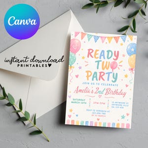 Puede incluir: Una tarjeta de invitación de cumpleaños con globos en tonos pastel, banderines coloridos y estrellas. El texto dice READY TWO PARTY, JOIN US TO CELEBRATE, Amelia's 2nd Birthday, SATURDAY MARCH 10TH, 3PM-5PM, 12 ANYWHERE ST ANYWHERE VILLE QA, 123 456, RSVP TO VERONICA AT 123 456 789 BY 01 MARCH.