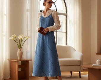 Blue Denim Sundress with Thin Straps | 100% Cotton Cami Jean Dress, Knee-Length Casual Summer Dress