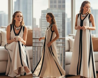 Weißes langes Kleid mit schwarzem Kontraststreifen, ärmelloses Sommerkleid mit V-Ausschnitt, elegantes ausgestelltes Geburtstagskleid für Frauen