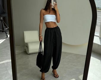 Satin Aladdin Pants for Women | Wide Leg Harem Pants, Balloon Leg Boho Trousers | Beach & Resort Wear