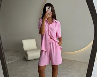 Pink Crepe Shirt & Bermuda Shorts Set | Matching Summer Co-ord, Fitted Shirt Travel Outfit for Women