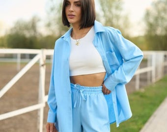 Linen Women's Summer Set: Long Sleeve Shirt & High-Rise Shorts