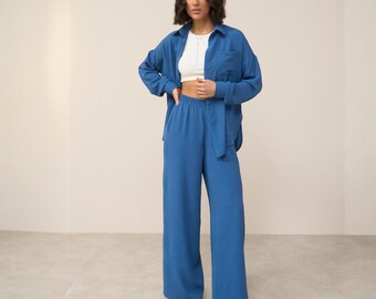Sommer Hosenanzug: Langarm Shirt & Weit geschnittene Palazzo Hose