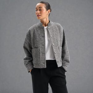 Women’s Fine Wool Bomber Jacket with Buttons and Pockets, Soft Coat Top for Women
