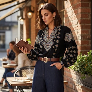 Op de afbeelding: Een vrouw draagt een zwarte geborduurde blouse met een geometrisch patroon, gecombineerd met donkerblauwe denim culottes en een bruine riem met een gouden gesp. Ze houdt een bruin notitieboek vast en staat buiten.