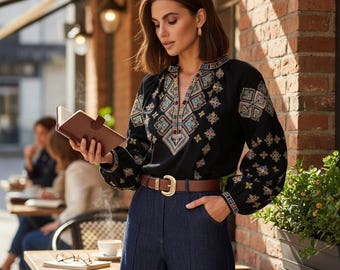 Black Embroidered Ethnic Blouse - Women's Cotton Shirt with Accent Sleeves - V-Neck Long Sleeve Shirt - Ethno Pattern Top - Sizes S-4XL