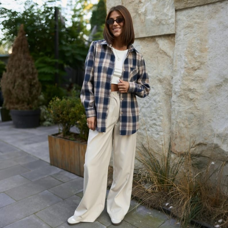 Women Checkered Flannel Shirt | Plaid Cotton Blouse | Damen Kariertes Oversized Wollhemd | Warm, Stylish and Comfortable Casual Shirt