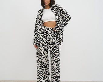 Sommerkostüm Zebra-Stil Outfit Anzug : Langarm-Shirt und gerade geschnittene Palazzohose mit weitem Bein