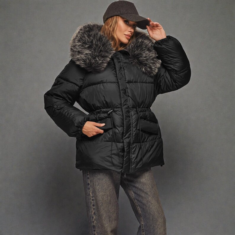 This premium winter collection features water-repellent polyester coats designed for extreme cold. Models include a quilted maxi jacket rated for -15°C with silicone 200 and bio-down puffers handling temperatures down to -20°C. Features include non-removable hoods, detachable fur, and adjustable drawstrings for a custom silhouette. Functional pockets and zip-and-button closures ensure a cozy winter outlook. Stay warm! ❄️🧥