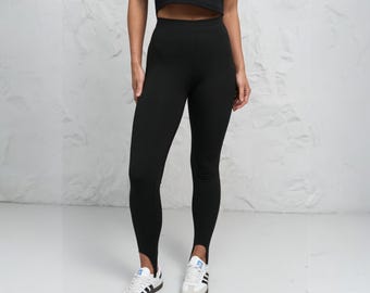 Black Push Up Leggings with Stirrup Laces, Slimming High Waist Yoga Trousers, Women's Fitness Set Bottoms, Elastic Biflex Sport Outfit