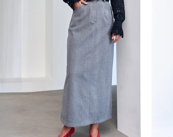 Grauer Woll Maxi Bleistiftrock - Gerader Schnitt mit hoher Taille und Taschen - Formelles Outfit, Größen S-XL