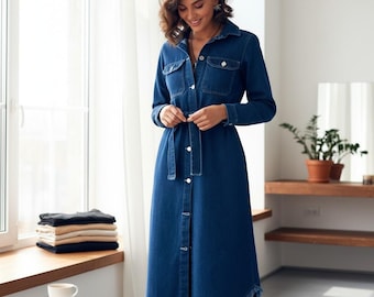 Denim Midi Kleid mit langen Ärmeln - A-Line Jeans Flared Garment - Demi-Saison Date Outfit