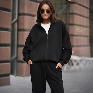 Women&#39;s Casual Tracksuit with Cotton Joggers | Warm Sport Set for Women | Two-Piece Zip Hoodie and Sweatpants Outfit | Women Sweatshirt