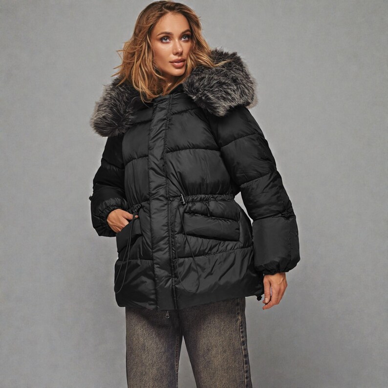 This premium winter collection features water-repellent polyester coats designed for extreme cold. Models include a quilted maxi jacket rated for -15°C with silicone 200 and bio-down puffers handling temperatures down to -20°C. Features include non-removable hoods, detachable fur, and adjustable drawstrings for a custom silhouette. Functional pockets and zip-and-button closures ensure a cozy winter outlook. Stay warm! ❄️🧥