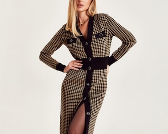 Gehäkeltes Hahnentritt Baumwoll Kleid mit breitem Gummibund, dehnbar gestrickt Winter Outfit