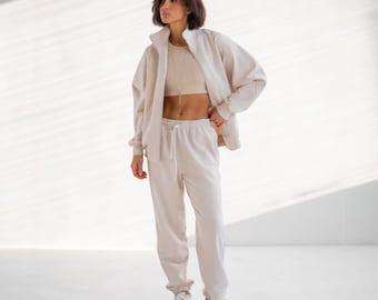 Frauen Trainingsanzug Ivory Loungewear Set mit Zip Hoodie und Joggers