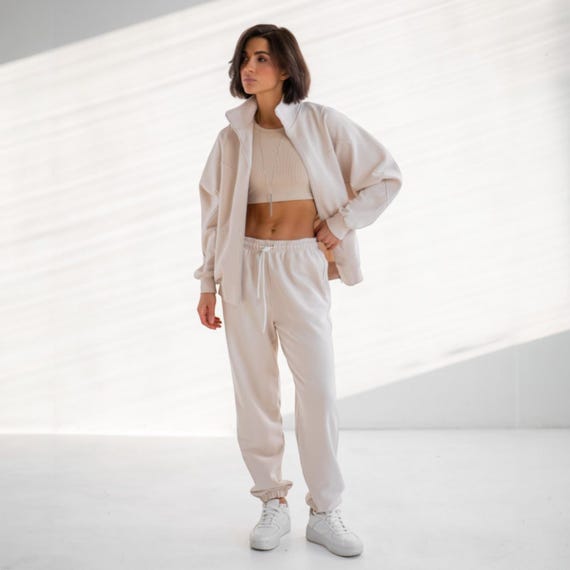 Women Tracksuit Ivory Loungewear Set with Zip Hoodie and Joggers