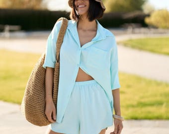 Damen Sommer Set: Crepe Button-Down Shirt & Shorts Combo | Übergroßer leichter Anzug | XS bis XL