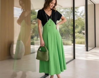 Zweifarbiges Leinenkleid (Grün-Schwarz) - A-Linie Midi-Rock mit Taschen, kurze Ärmel V-Ausschnitt - Kombiniertes Sommer-Outfit für Frauen