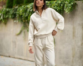 Baumwolle Elfenbein Damen Trainingsanzug: Zipper Sweatshirt und Joggers Loungewear | 8 Farben & Alle Größen