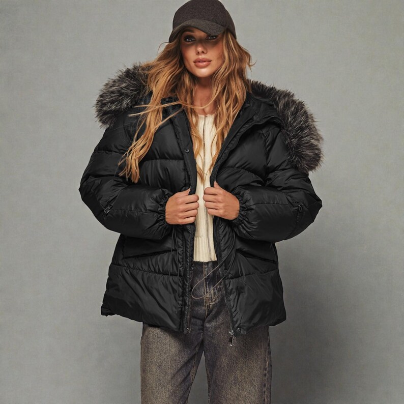 This premium winter collection features water-repellent polyester coats designed for extreme cold. Models include a quilted maxi jacket rated for -15°C with silicone 200 and bio-down puffers handling temperatures down to -20°C. Features include non-removable hoods, detachable fur, and adjustable drawstrings for a custom silhouette. Functional pockets and zip-and-button closures ensure a cozy winter outlook. Stay warm! ❄️🧥