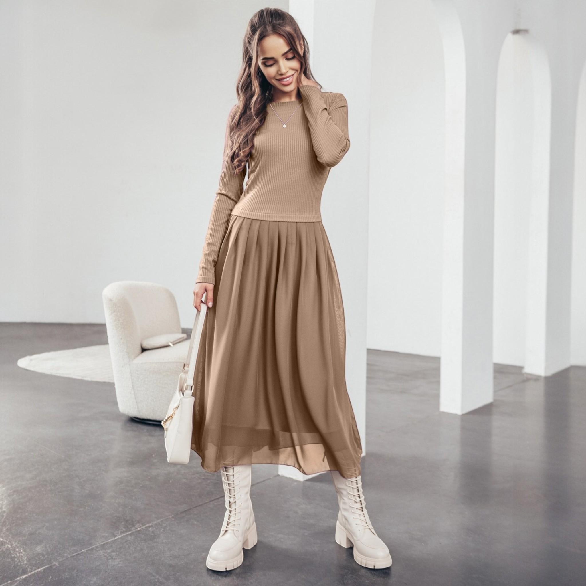 Combined Dress: Knitted Top and Chiffon Pleated Skirt, Long Sleeve Demi-season