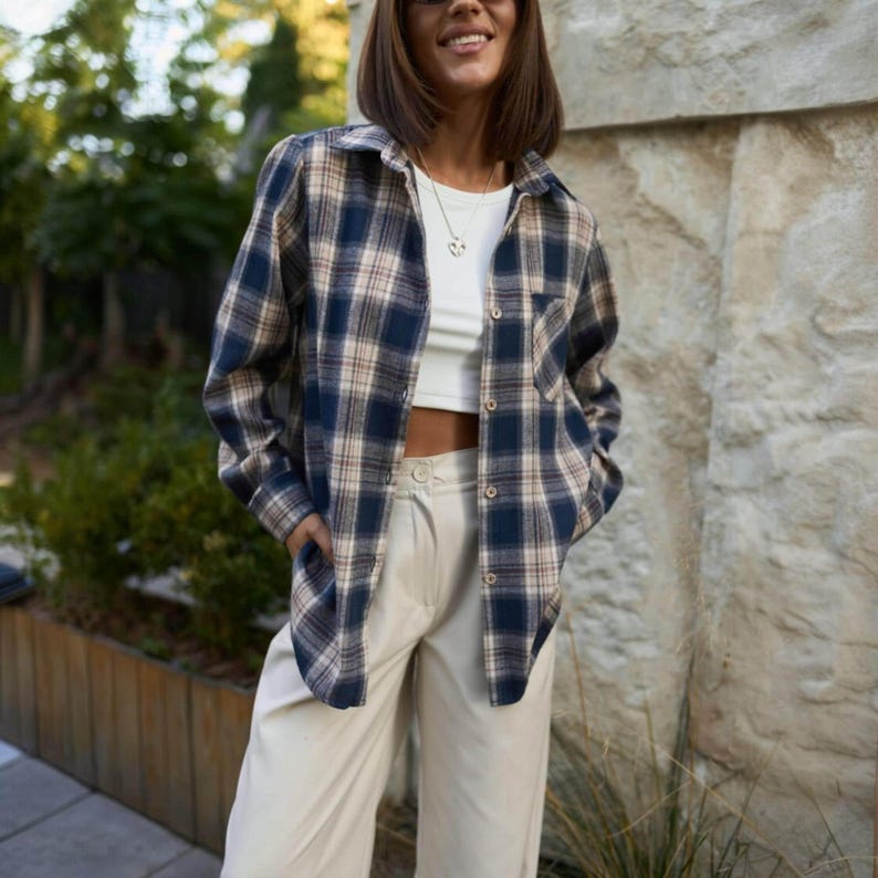 Women Checkered Flannel Shirt | Plaid Cotton Blouse | Damen Kariertes Oversized Wollhemd | Warm, Stylish and Comfortable Casual Shirt