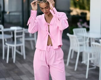 Sommerliches Rosa Leinen-Set: Oversized Shirt & Palazzohose - Strand Kostüm