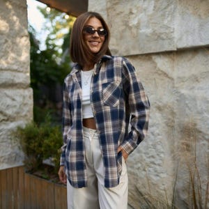 Women Checkered Flannel Shirt | Plaid Cotton Blouse | Damen Kariertes Oversized Wollhemd | Warm, Stylish and Comfortable Casual Shirt
