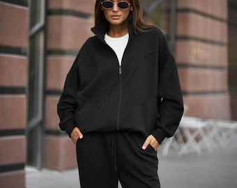Lässiger schwarzer Trainingsanzug mit Jogginghose aus Baumwolle | Zweiteiliges Damen-Set: Zip-Hoodie und Hose, Damen-Jumpsuit