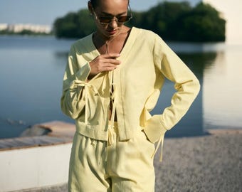 Lemon Leinen Kleidung Set: Oversize Hemd & Palazzo Hose - Sommer Kostüm