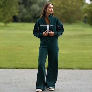 Women Active Suit - Zip Hoodie and High-Waist Sweatpants | Comfy Palazzo Pants Two-Piece Set | Warm Sport Loungewear | Daily Tracksuit