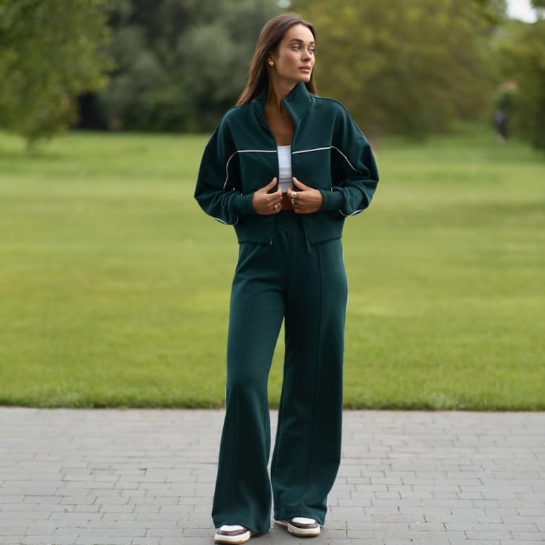 Women Active Suit - Zip Hoodie and High-Waist Sweatpants | Comfy Palazzo Pants Two-Piece Set | Warm Sport Loungewear | Daily Tracksuit