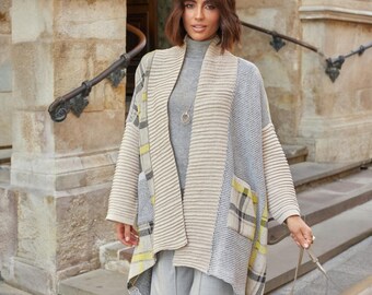 Women's Long Wool Knitted Cardigan with Abstract Ornament, No Closure, Crochet Oversize Flying Coat