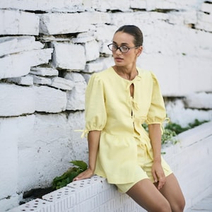 Linen Women Set: Lemon Linen Costume | Summer Linen Outfit with a Women Linen Shirt and Linen Shorts | Summer Linen Outfit | Beach Costume