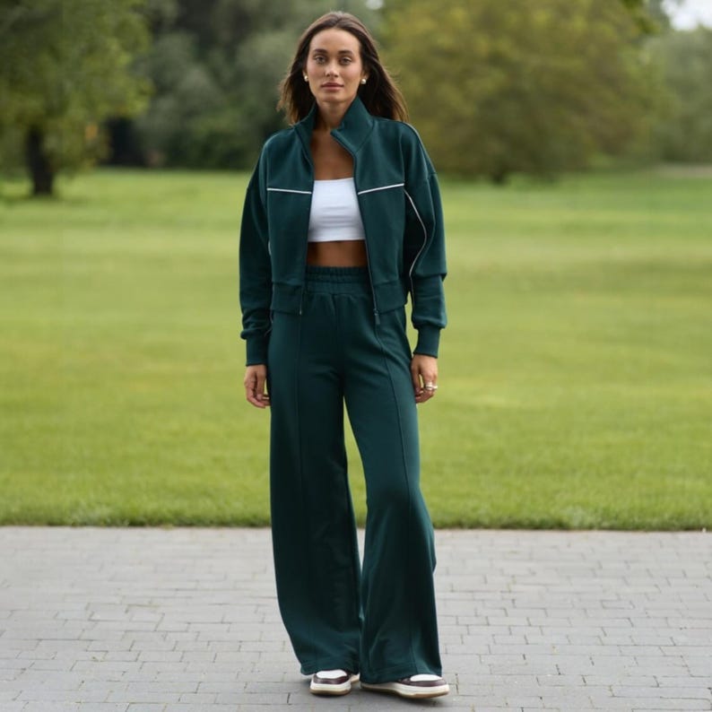 Women Active Suit - Zip Hoodie and High-Waist Sweatpants | Comfy Palazzo Pants Two-Piece Set | Warm Sport Loungewear | Daily Tracksuit