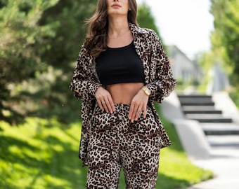 Leopard Outfit Sommerkostüm Set: Langarmhemd und Frauen Palazzohose