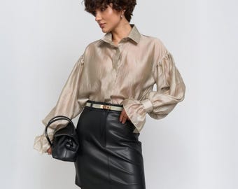 Beige Translucent Blouse with Accent Sleeves | Free Cut Tencel  Top | Breathable Fabric