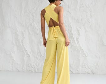Yellow Open Back Overalls, Wide Leg A-line Costume, Elastic Jersey Summer Party Outfit