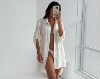 Tencel Beach Shirt Cover Up with Lace Trim & Belt | Long Sleeve Vacation Shirt Dress | Resort Swimsuit Cover Up