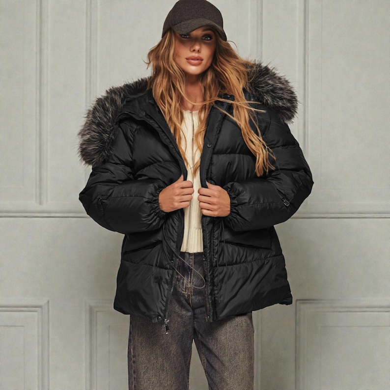 This premium winter collection features water-repellent polyester coats designed for extreme cold. Models include a quilted maxi jacket rated for -15°C with silicone 200 and bio-down puffers handling temperatures down to -20°C. Features include non-removable hoods, detachable fur, and adjustable drawstrings for a custom silhouette. Functional pockets and zip-and-button closures ensure a cozy winter outlook. Stay warm! ❄️🧥