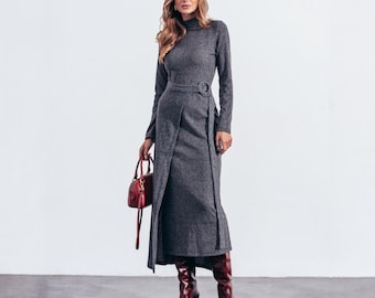 Langarm Gerippt Kleid in Dunkel Grau, Gestrickt Midi Länge Slim Fit Kleid, Gerader Schnitt, Hohe Taille