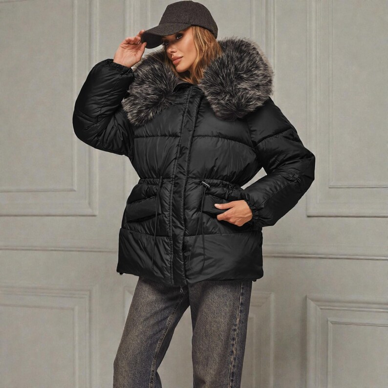 This premium winter collection features water-repellent polyester coats designed for extreme cold. Models include a quilted maxi jacket rated for -15°C with silicone 200 and bio-down puffers handling temperatures down to -20°C. Features include non-removable hoods, detachable fur, and adjustable drawstrings for a custom silhouette. Functional pockets and zip-and-button closures ensure a cozy winter outlook. Stay warm! ❄️🧥