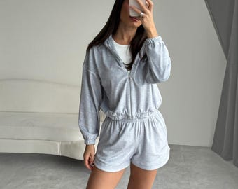 Velour Zip Hoodie & Shorts Set | Cozy 2 Piece Loungewear Outfit | Matching Tracksuit, Soft Athleisure Gift for Her