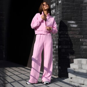 Women's Two-Piece Lounge Set: Zip Hoodie & Palazzo Pants - Cotton Blend
