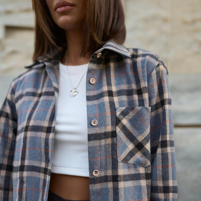 Women Checkered Flannel Shirt | Plaid Cotton Blouse | Damen Kariertes Oversized Wollhemd | Warm, Stylish and Comfortable Casual Shirt