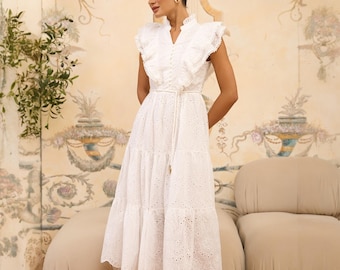 Romantisches Sommer Rüschen Kleid - Ausgestelltes Midi Kleid aus Baumwolle für Date, Kragen, mit Gürtel und Futter