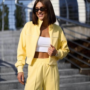 Women's Zip Hoodie Palazzo Pants Set | Yellow Cotton Loungewear Tracksuit